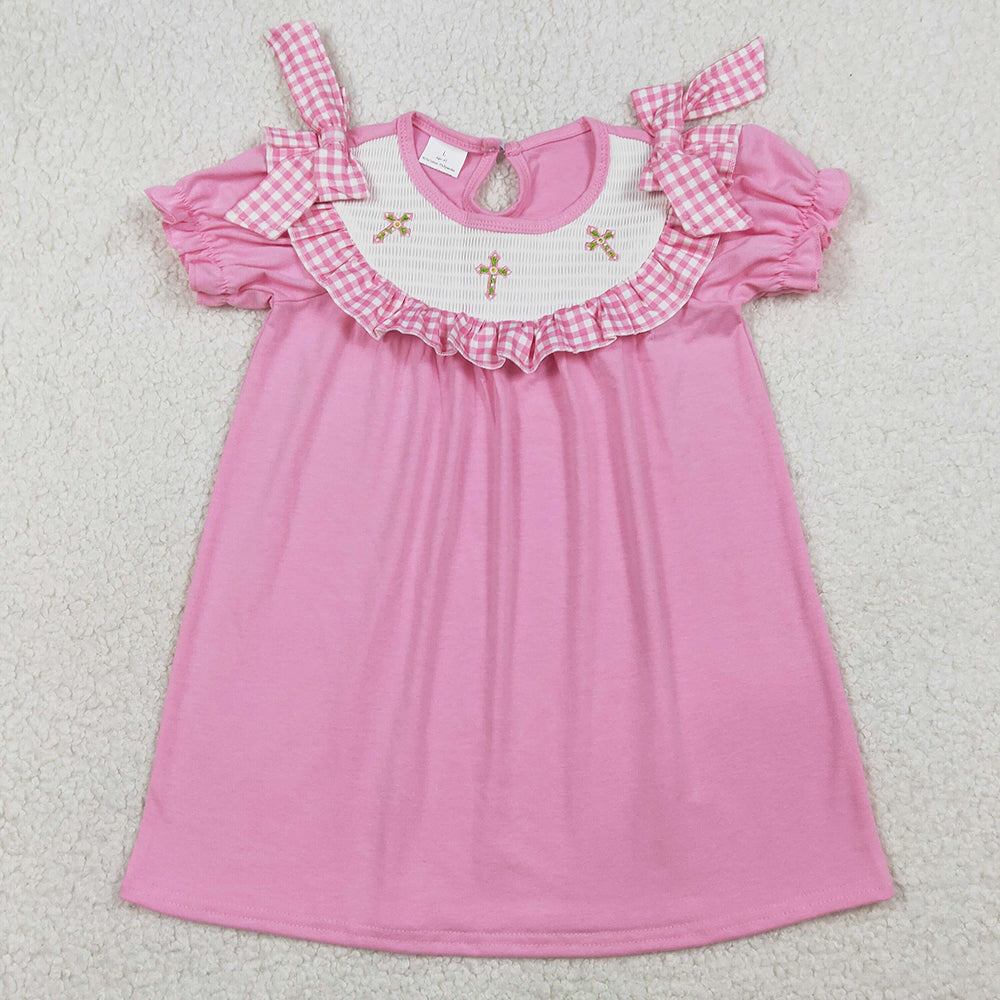 Baby Girls Smocked Dress Crosses Short Ruffle Sleeve Easter Knee Length Dresses GSD3178 1.5