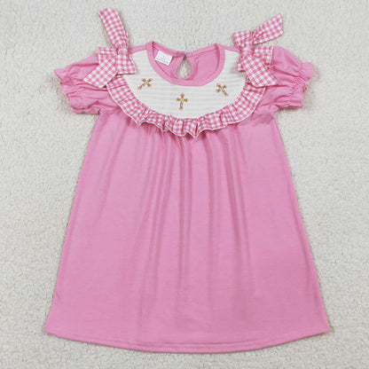 Baby Girls Smocked Dress Crosses Short Ruffle Sleeve Easter Knee Length Dresses GSD3178 1.5