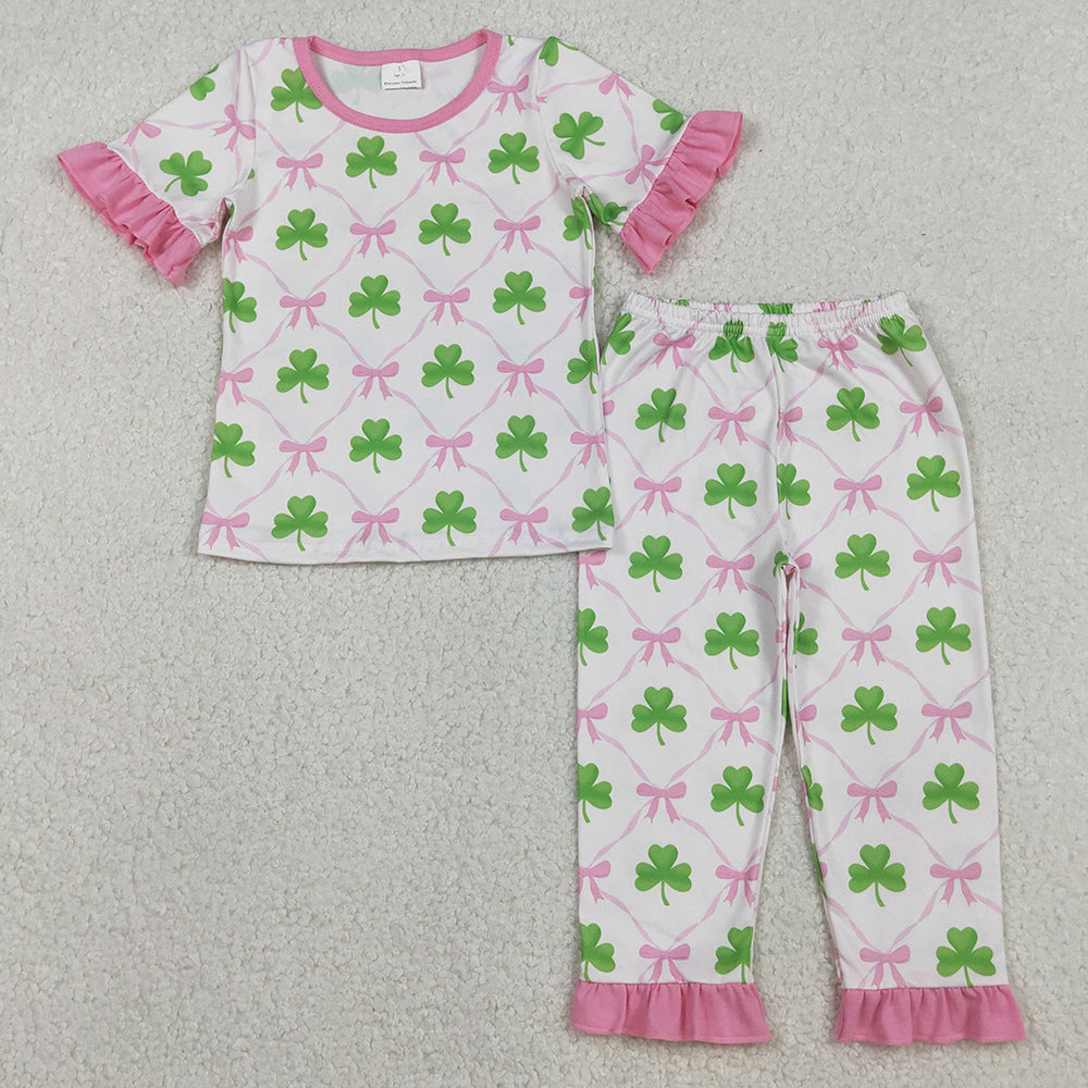 Baby Girls Pajamas Bows Clovers Checked Top Ruffle Pants St Patrick Pajamas Sets GSPO1838 11.21