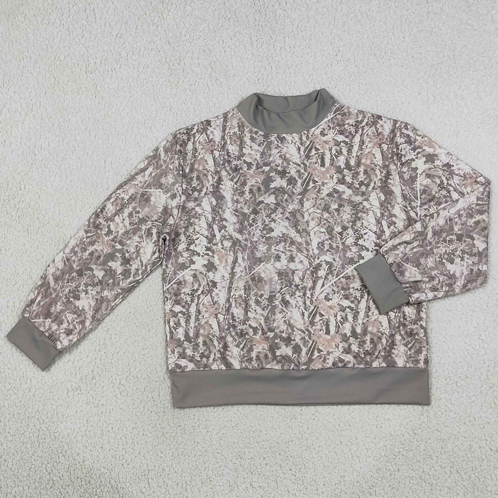 Adult Women Clothes Long Sleeve Grey Leaves Camo Yoga Active Choker T-shirts Top GT1883