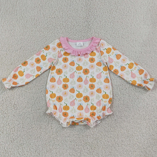 Baby Girls Rompers Long Sleeve Pumpkins Bows Fall Button Ruffle Romper LR3083