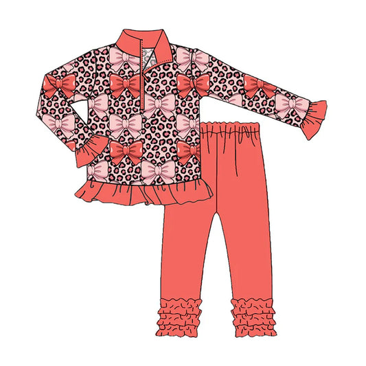 Preorder (moq 5)Baby Girls Peach Leopard Bows Zipper Pullover Ruffle Leggings Clothes Sets 9.4