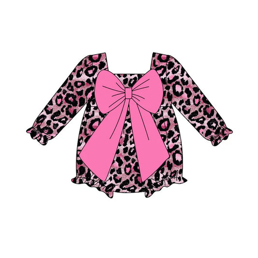 Preorder (moq 8)Baby Girls Pink Black Leopard Bows Ruffle Rompers 9.18