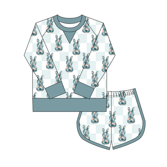 Preorder(moq 8)Baby Girls Light Blue Checked Rabbits Long Sleeve Top Shorts Easter Clothes Set 9.27
