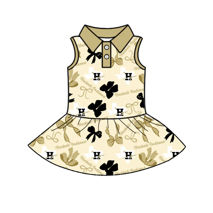 Preorder (moq 5)Baby Girls Sleeveless Haskell Indians Bows Plaid Button Team Knee Length Dresses 6.30