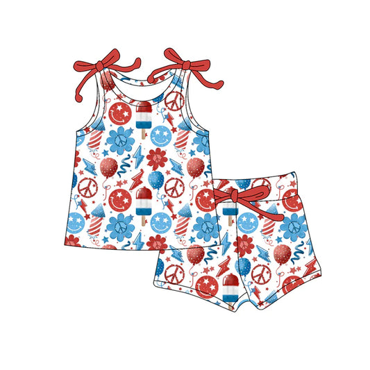 Preorder moq 5 Baby Girls Bows Sleeveless Blue Red Balloon Flowers Top Short 4th Of July Set 4.16