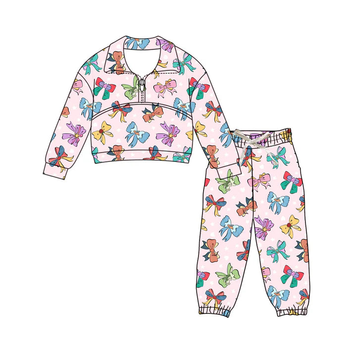 Preorder (moq 5)Baby Girls Colorful Bows Hearts Zipper Top Jogger Pants Valentines Clothes Sets 12.4