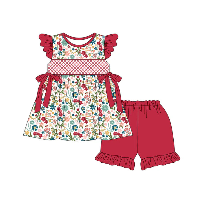Preorder (moq 5)Baby Girls Red Flutter Sleeves Bows Floral Tunic Ruffle Short Sets 5.15