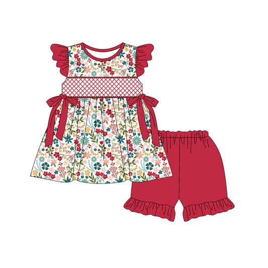 Preorder (moq 5)Baby Girls Red Flutter Sleeves Bows Floral Tunic Ruffle Short Sets 5.15