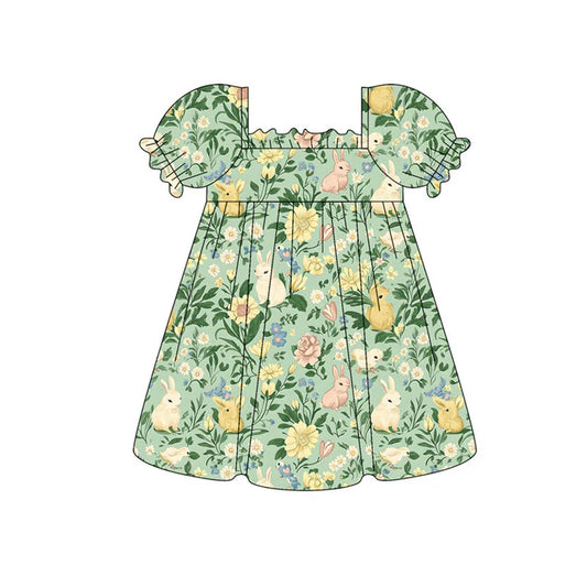 Preorder (moq 8)Baby Girls Green Ruffle Sleeve Rabbits Flowers Easter Knee Length Dress 9.16