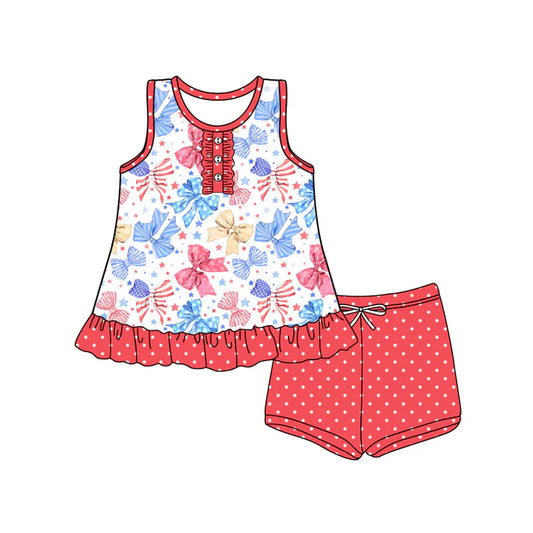 Preorder (moq 5)Baby Girls Sleeveless Button Blue Red Bows Stars Tunic Red Polka Dots Short 4th Of July Set 4.24