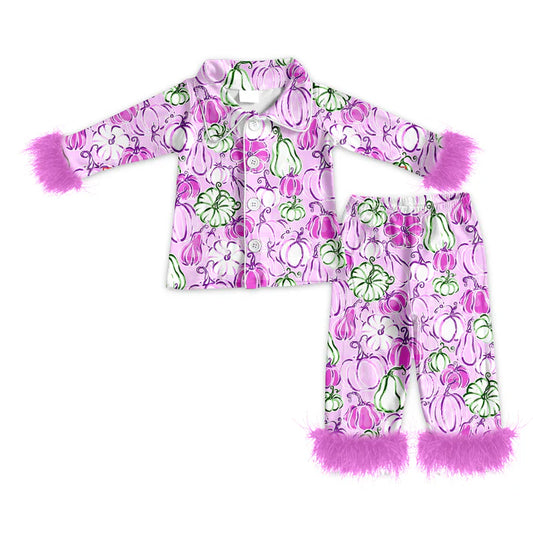 Preorder (moq 5)Baby Girls Long Sleeves With Fur Pink Floral Pumpkins Button Top Pant Pajamas Set 5.19
