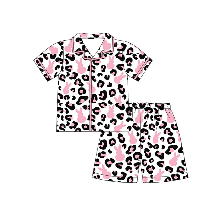 Preorder (moq 5)Baby Girls Pink Rabbits Leopard Button Top Shorts Easter Pajamas Sets 12.12