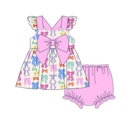 Preorder (moq 5)Baby Girls Pink Flutter Sleeves Colorful Bows Tunic Bummies Set 4.28