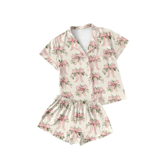 Preorder(moq 5) Baby Girls Peach Flowers Bows Button Pockets Top Shorts Pajamas Sets 10.18