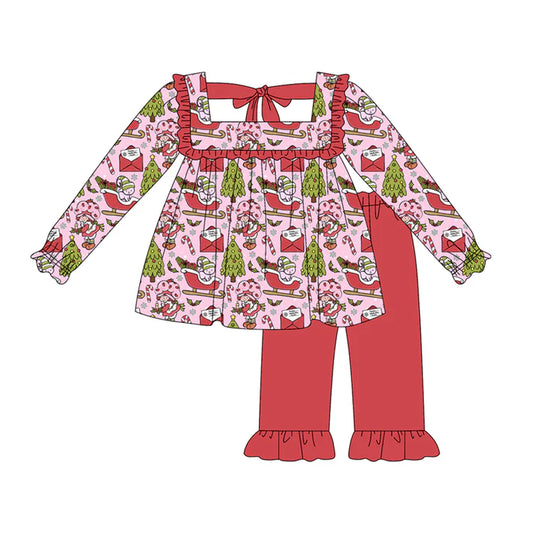 Preorder (moq 5)Baby Girls Pink Long Sleeves Candy Cane Trees Tunic Ruffle Pant Set 6.2