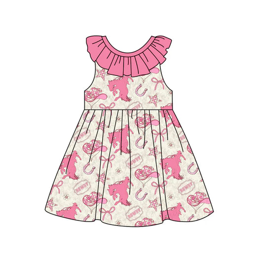 Preorder (moq 5)Baby Girls Pink Sleeveless Horse Rodeos Round Collar Knee Length Dress 5.15