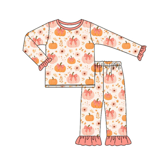 Preorder (moq 5)Baby Girls Long Ruffle Sleeves Peach Bows Pumpkins Top Pant Pajamas Set 6.18