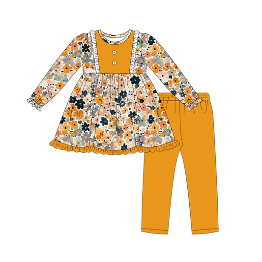 Preorder (moq 5)Baby Girls Long Ruffle Sleeves Orange Floral Button Tunic Legging Pant Set 6.17