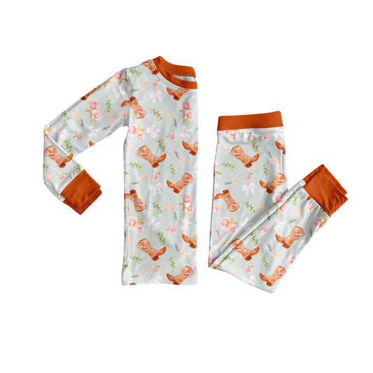 Preorder (moq 5)Baby Girls Long Sleeves Boots Flowers Bows Top Pant Pajamas Sets 5.29