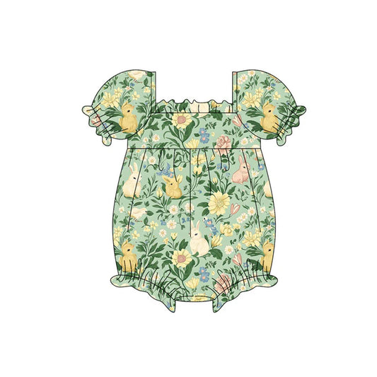 Preorder (moq 8)Baby Girls Green Short Sleeve Rabbits Flowers Easter Ruffle Rompers 9.16