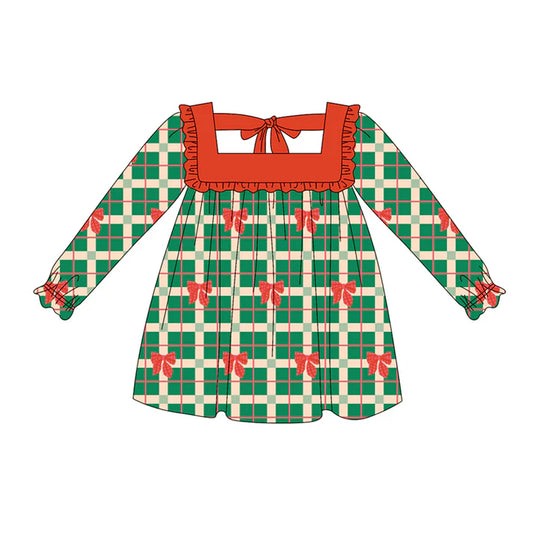 Preorder (moq 5)Baby Girls Long Ruffle Sleeves Green Plaid Red Bows Knee Length Dresses 5.20