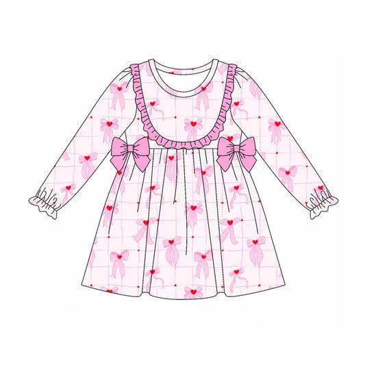 Preorder (moq 5)Baby Girls Long Ruffle Sleeves Pink Hearts Bows Plaid Knee Length Dress 7.28