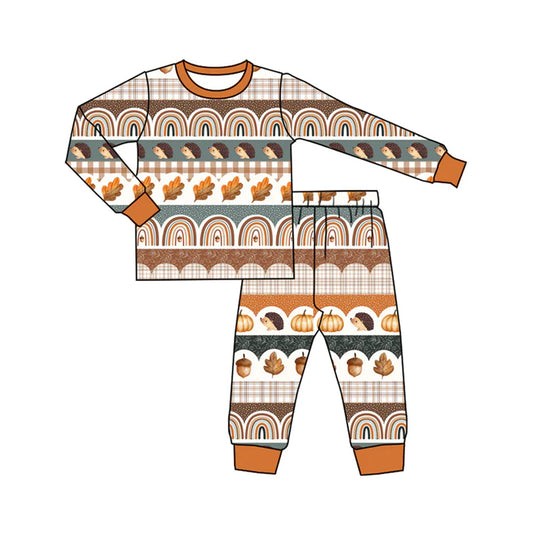 Preorder (moq 5)Baby Boys Khaki Long Sleeves Leaves Rainbows Top Pant Pajamas Set 6.2