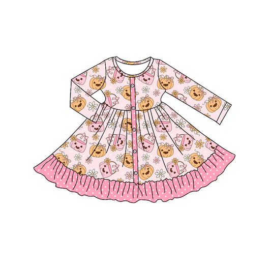 Preorder moq 5 Baby Girls Pink Long Sleeves Flowers Pumpkins Button Ruffle Knee Length Dresses 5.7