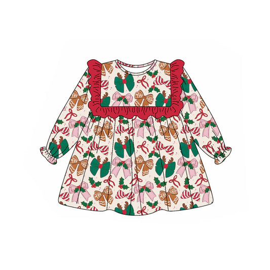 Preorder (moq 5)Baby Girls Long Ruffle Sleeves Colorful Bows Knee Length Dresses 6.12