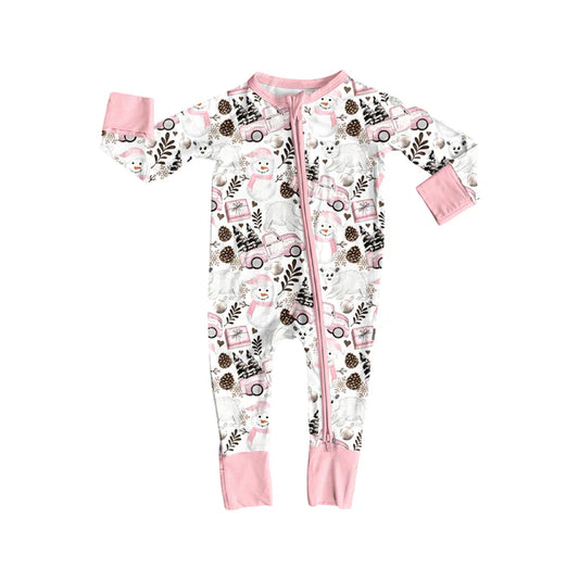 Preorder (moq 5)Baby Girls Long Sleeves Pink Snowman Trees Trucks Zipper Romper 7.4