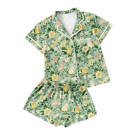 Preorder (moq 8)Baby Girls Green Rabbits Flowers Button Pocket Top Shorts Easter 9.16