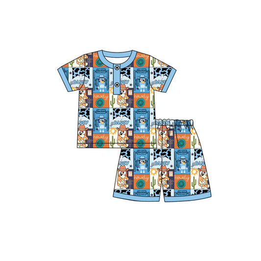 Preorder moq 5 Baby Boys Blue Short Sleeves Cartoon Dogs Cactus Button Top Shorts Pajamas Set 4.14