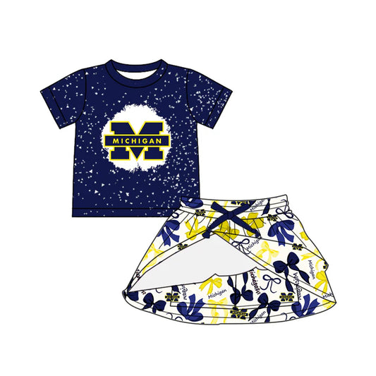 Preorder (moq 5)Baby Girls Navy Short Sleeves M Michigan Top Bows Plaid Skorts Team Set 6.16