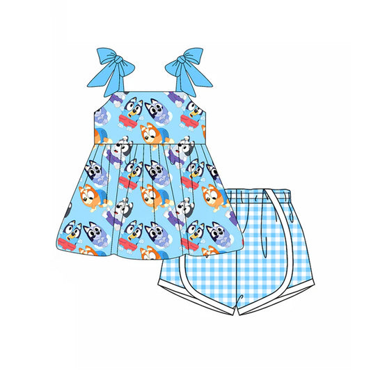 Preorder moq 5 Baby Girls Blue Strap Cartoon Dogs Tunic Plaid Shorts Set 4.14