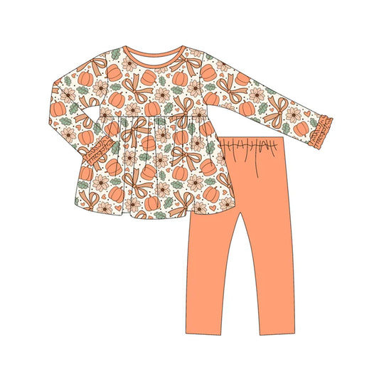 Preorder (moq 5)Baby Girls Long Ruffle Sleeves Bows Pumpkins Tunic Legging Pant Set 6.18