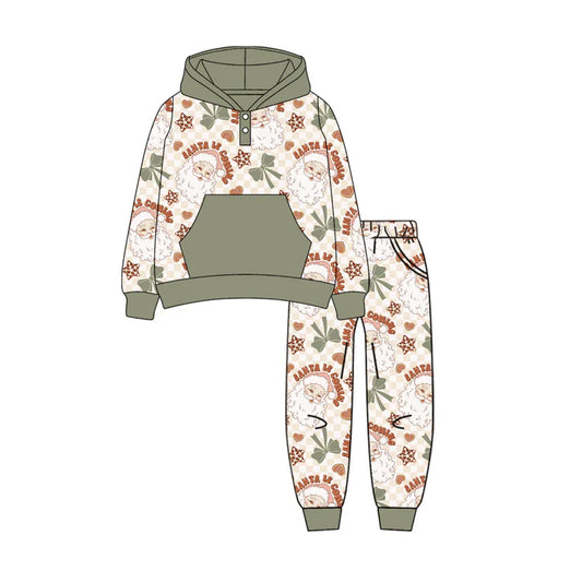 Preorder (moq 5)Baby Boys Olive Long Sleeves Bows Santa Pocket Button Hoodies Legging Pant Sets 6.10