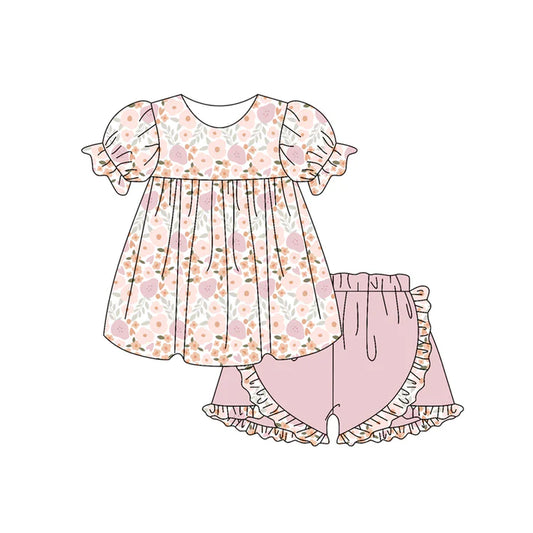 Preorder moq 5 Baby Girls Short Ruffle Sleeves Pink Flowers Tunic Ruffle Short Set 4.19