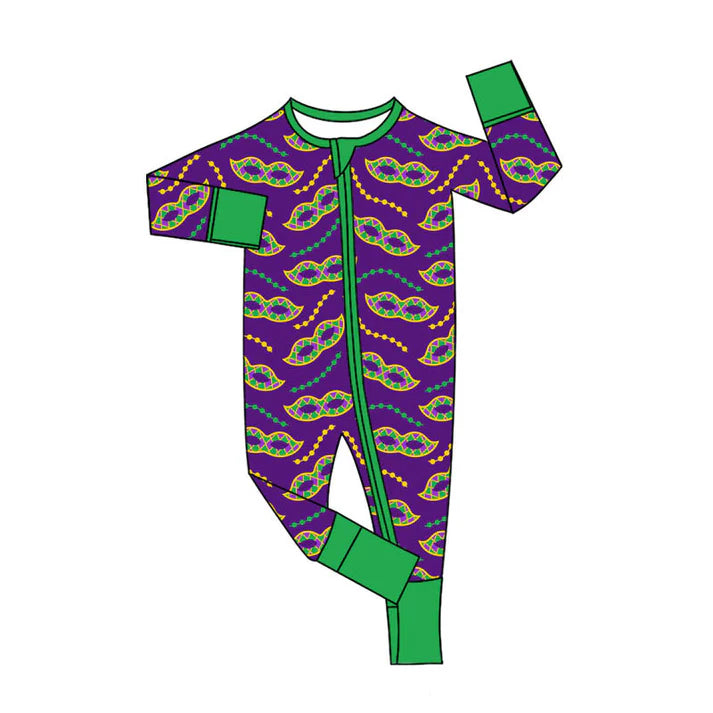 Preorder (moq 5)Baby Boys Mardigras Masks Necklaces Two Way Zipper Convertible Rompers 11.12