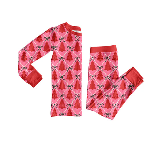 Preorder (moq 5)Baby Girls Long Sleeves Red Bows Trees Plaid Top Pant Pajamas Sets 6.11