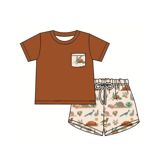 Preorder moq 5 Baby Boys Brown Short Sleeves Pocket Top Animals Cactus Short Set 4.14