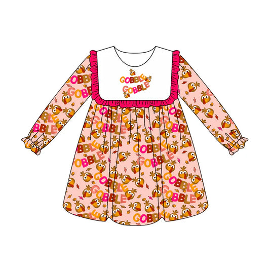 Preorder (moq 5)Baby Girls Pink Long Ruffle Sleeves Turkey Plaid Gobble Knee Length Dresses 7.1