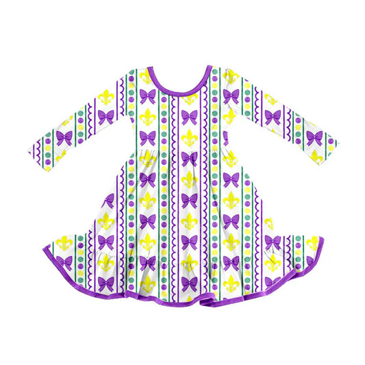 Preorder (moq 8)Baby Girls Purple Yellow Green Bows Stripe Mardugras Ruffle Knee Length Dress 9.11