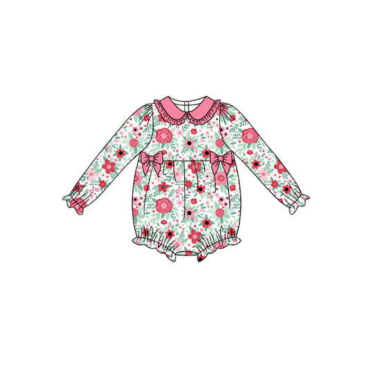 Preorder (moq 8)Baby Girls Long Ruffle Sleeve Pink Flowers Bows Rompers 9.12