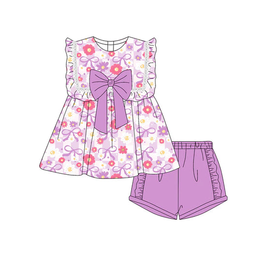 Preorder moq 5 Baby Girls Sleeveless Lavender Flower Bows Tunic Ruffle Short Set 4.19