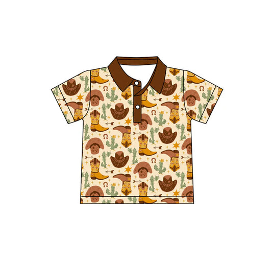 Preorder(moq 5) Baby Boys Short Sleeve Cactus Boots Button Western Pullovers Top 10.31