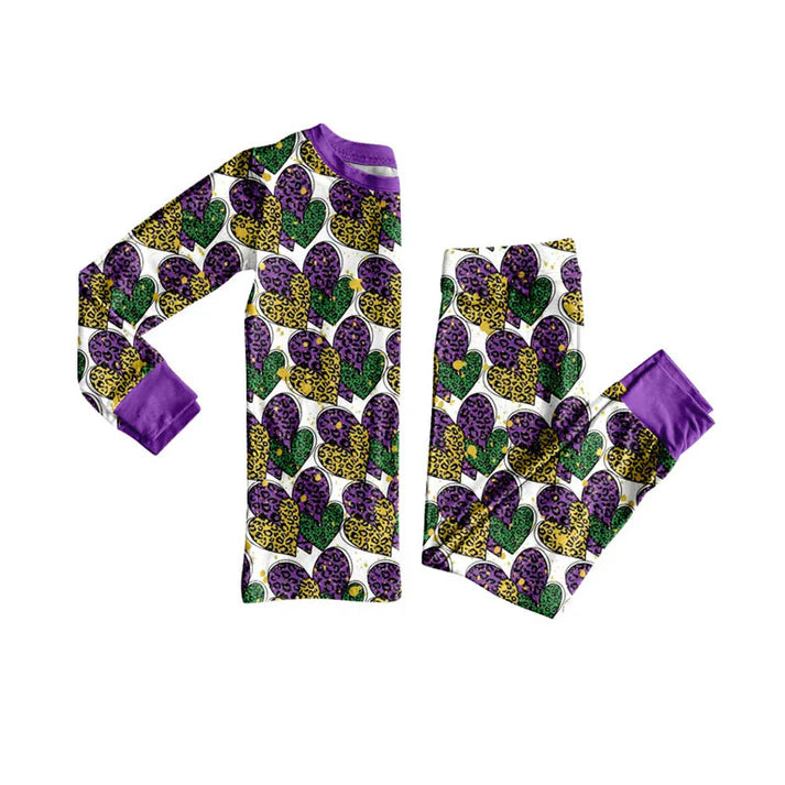Preorder (moq 8)Baby Girls Leopard Hearts Top Pants Mardigras Pajamas Sets 9.9