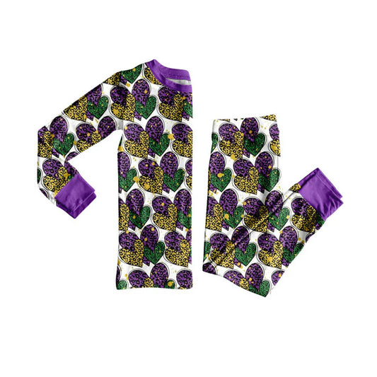 Preorder (moq 8)Baby Girls Leopard Hearts Top Pants Mardigras Pajamas Sets 9.9