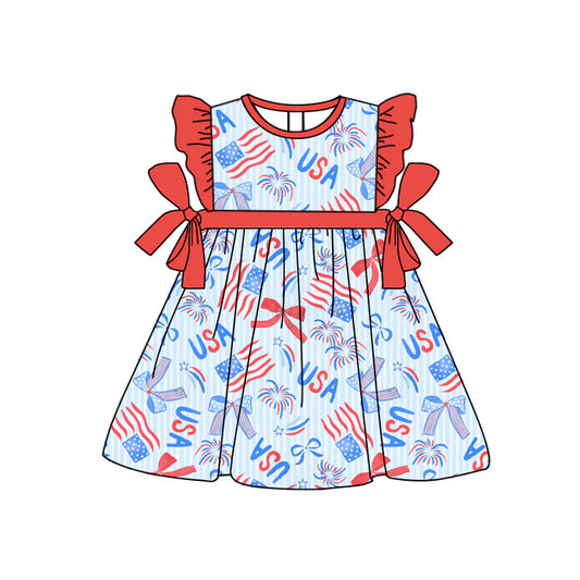 Preorder moq 5 Baby Girls Red Flutter Sleeves Firework Bows USA 4th Of July Knee Length Dresses 4.22