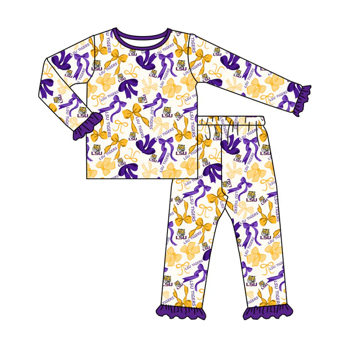 Preorder MOQ 5 Long sleeves tiger purple bow kids girls team pajamas 8.25